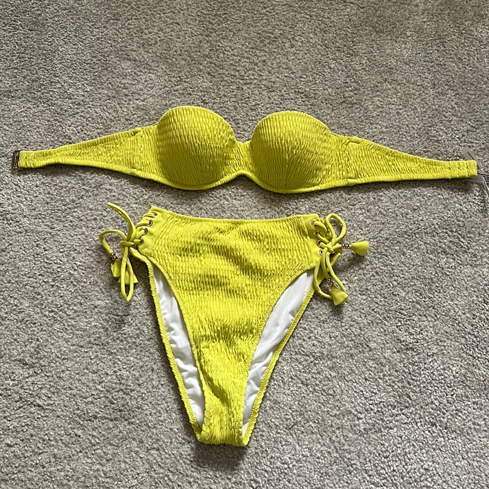 Never worn high waisted neon green Victoria Secret Swim